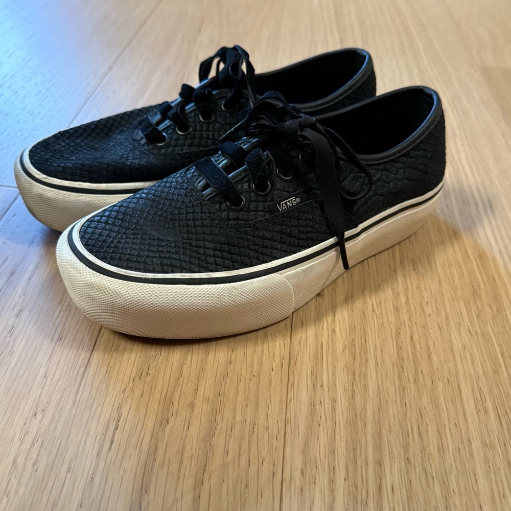 Black velvety snakeskin platform Vans